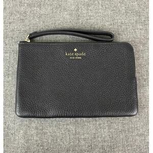 KATE SPADE CAMERON Wristlet Black Leather Clutch Zip Pouch Strap